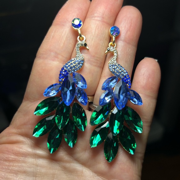Jewelry - Elegant Peacock Earrings with Blue and Green Crystals